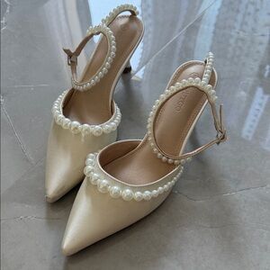 Pearl-Embellished Ivory Pointed-Toe Slingback Heels